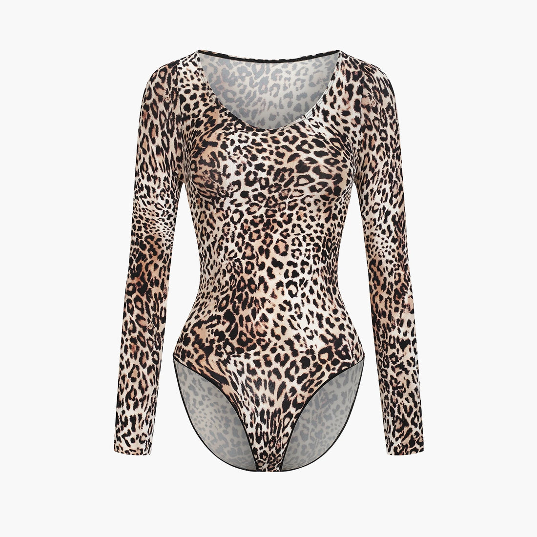 Leopard-print long-sleeve sculpting bodysuit, front view