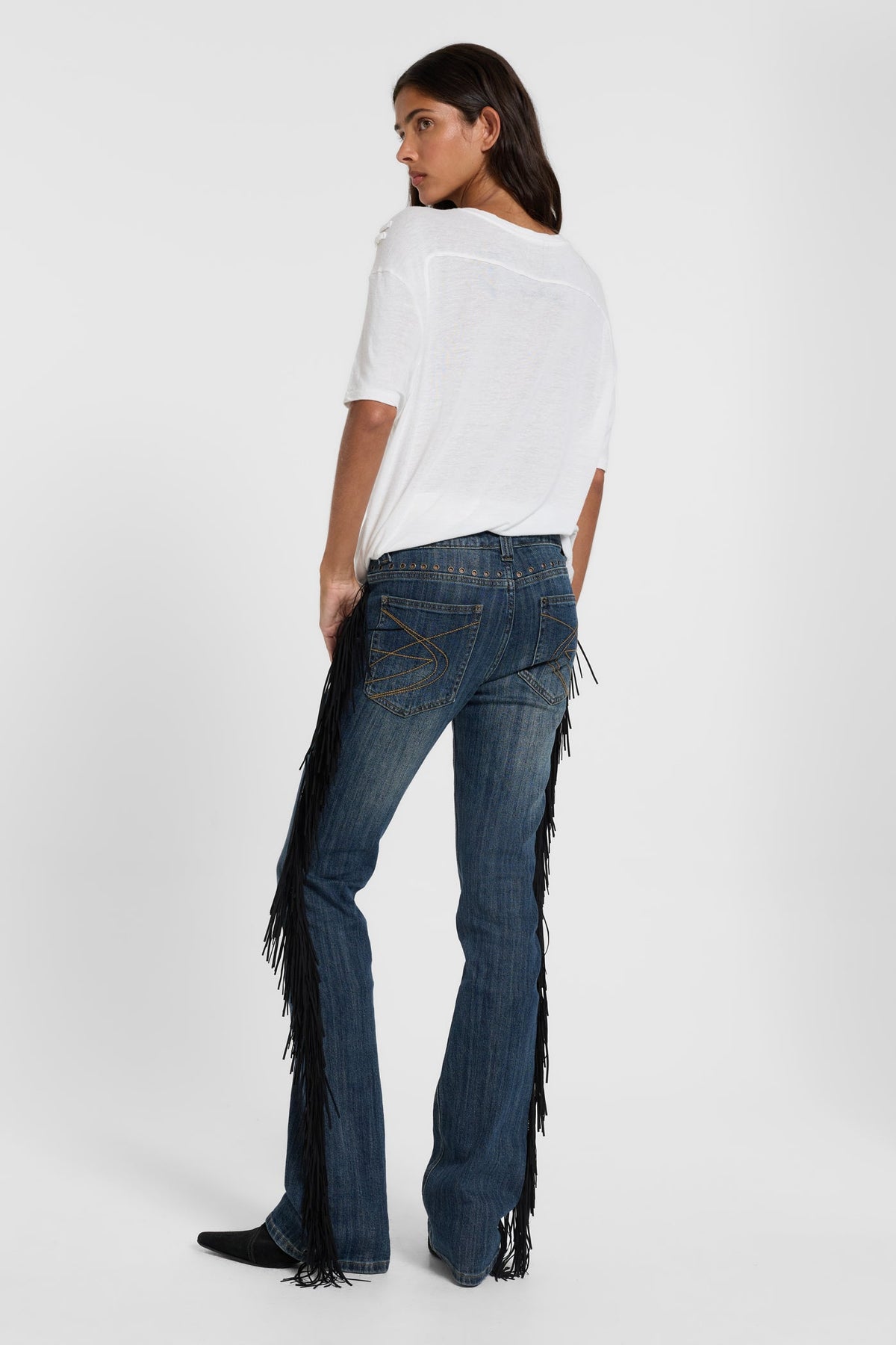 Sierra fringe bootcut jeans, full-length back styling