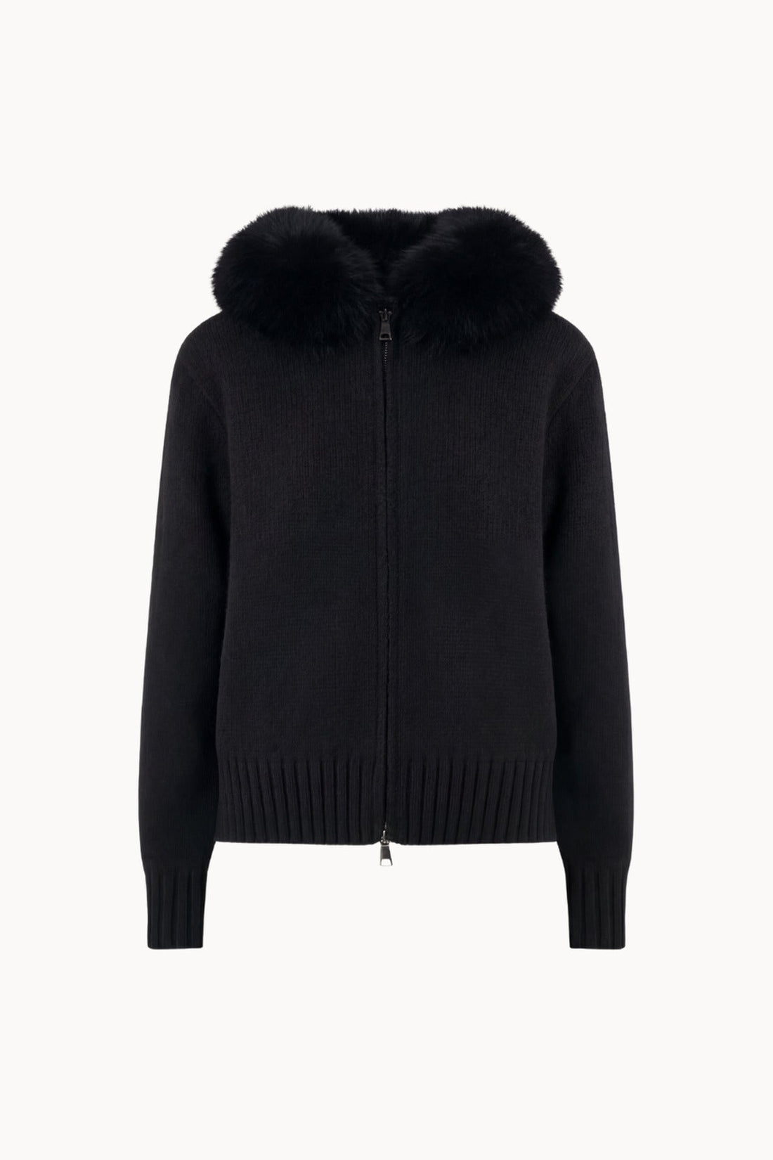 Sabine jacket in black with a front zip and textured collar — front view