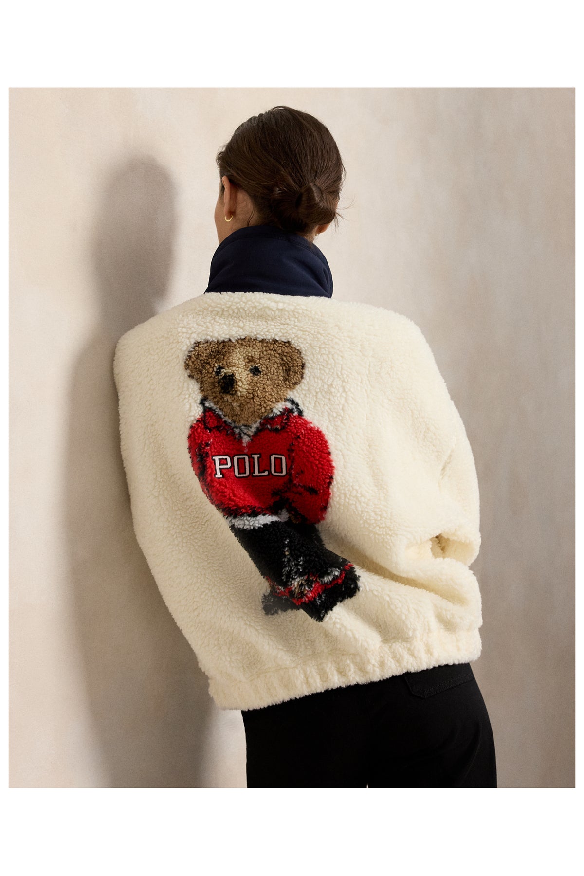 Marlow cream high-pile fleece, jacquard bear artwork at the back