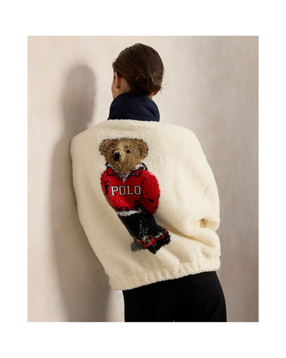 Marlow cream high-pile fleece, jacquard bear artwork at the back
