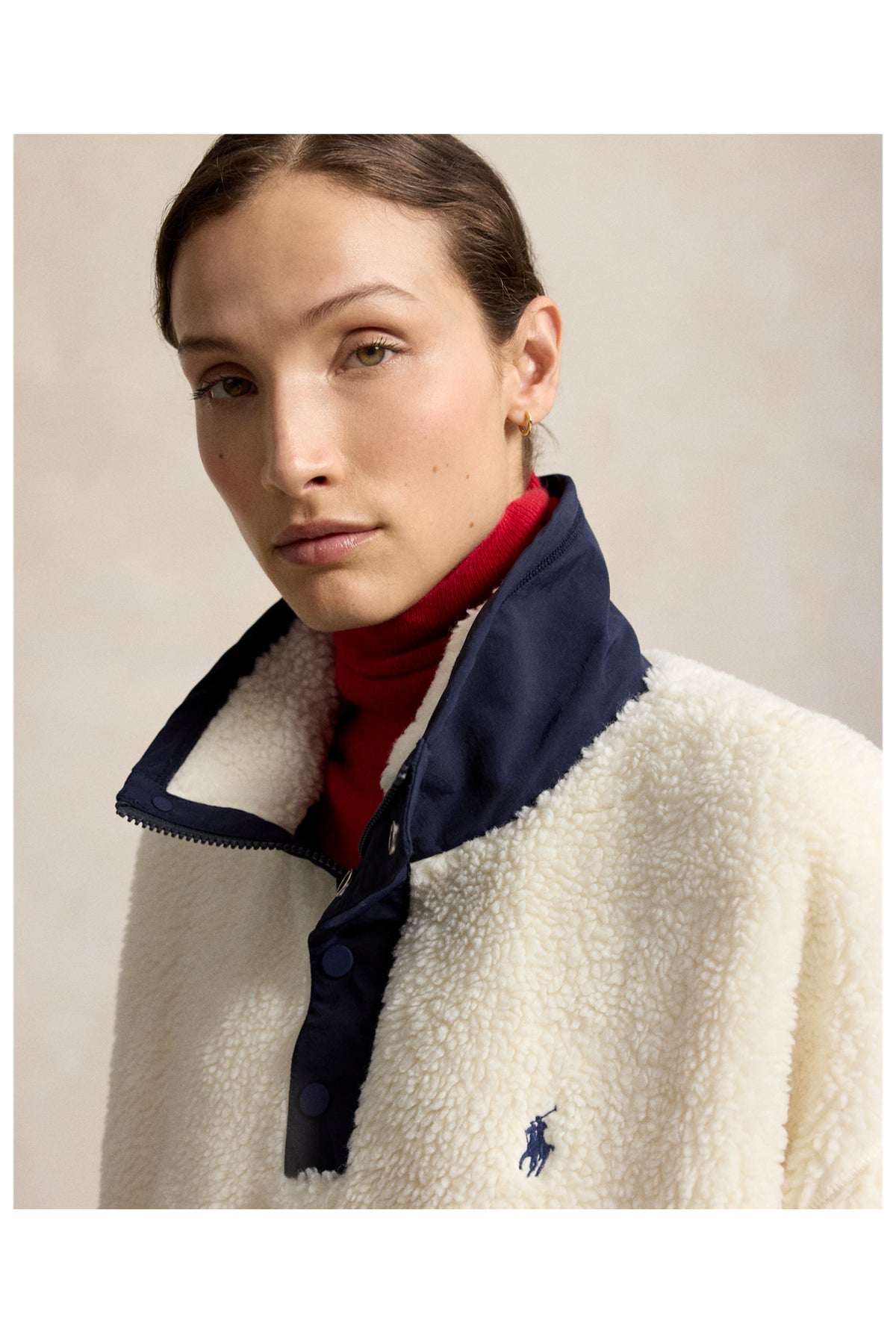 Marlow cream high-pile fleece, navy funnel-neck detail