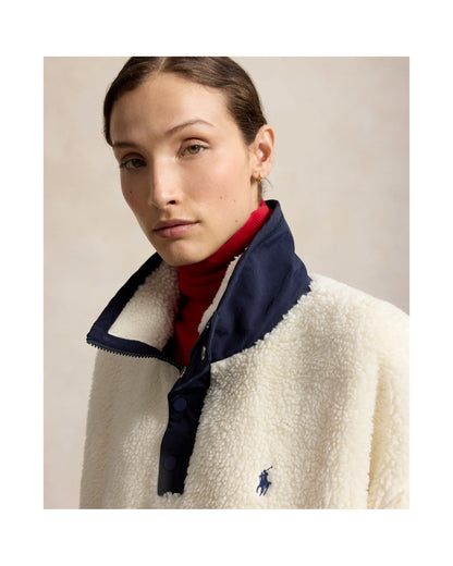 Marlow cream high-pile fleece, navy funnel-neck detail