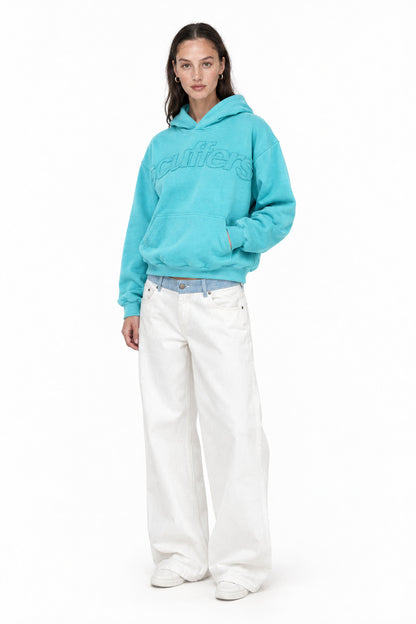 Jodie light blue hoodie, three-quarter left view