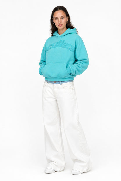 Jodie light blue hoodie, three-quarter right view