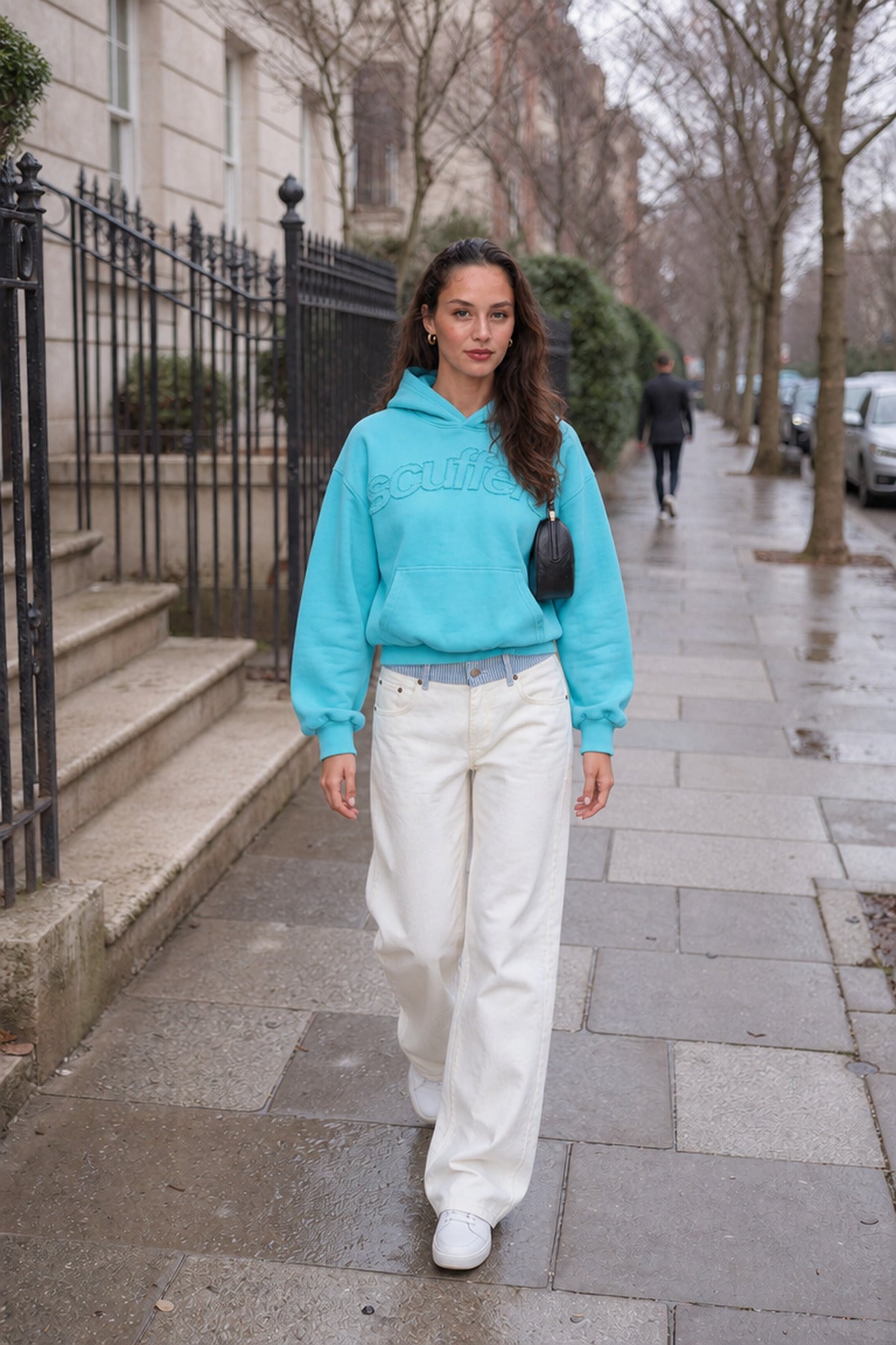 Jodie light blue hoodie styled outdoors