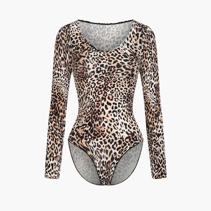 Leopard-print long-sleeve sculpting bodysuit, front view