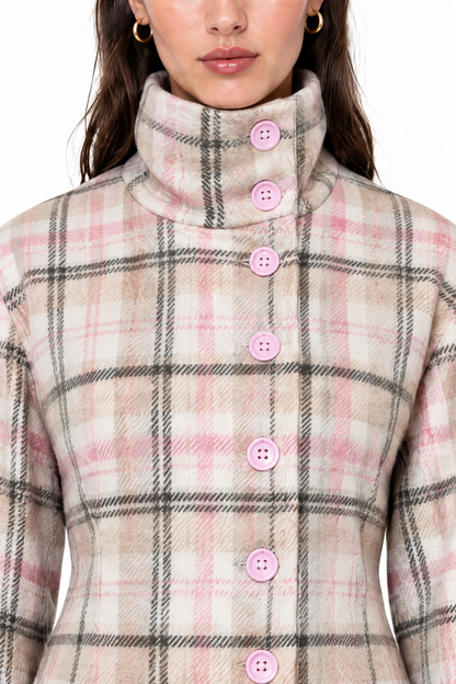 Rosalie plaid jacket, funnel neckline and pink buttons