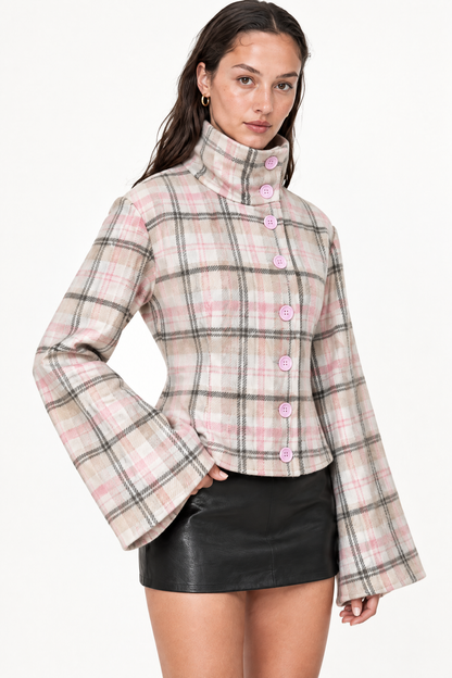 Rosalie plaid jacket, wide sleeve and hem detail