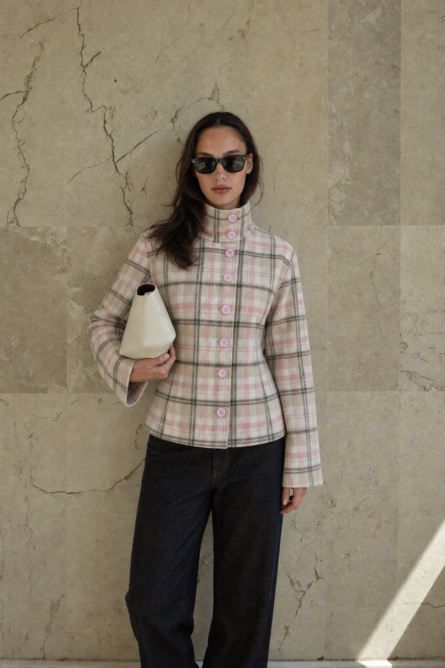 Rosalie Plaid Funnel-Neck Jacket