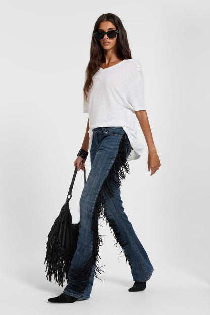 Sierra dark-wash fringe bootcut jeans, full-length front styling