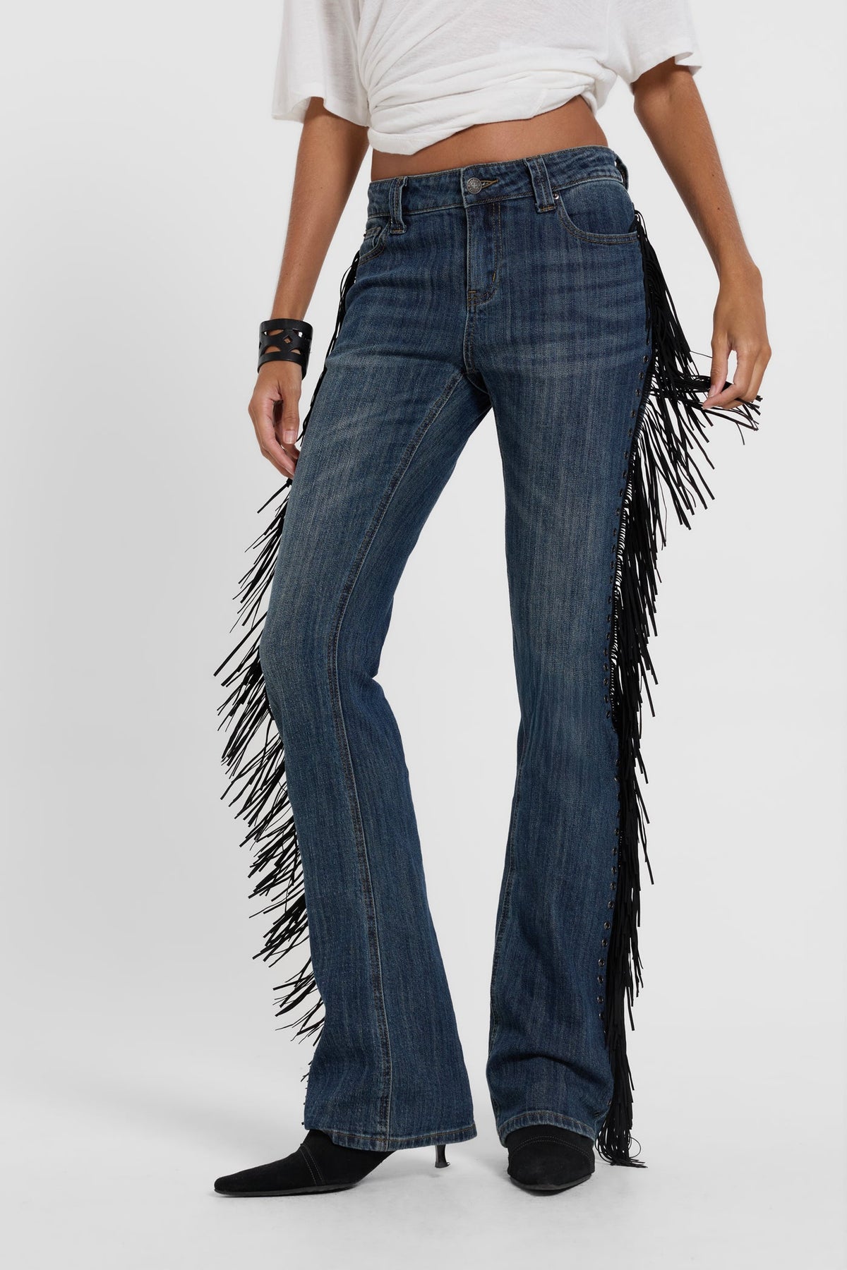 Sierra dark-wash fringe bootcut jeans, front view