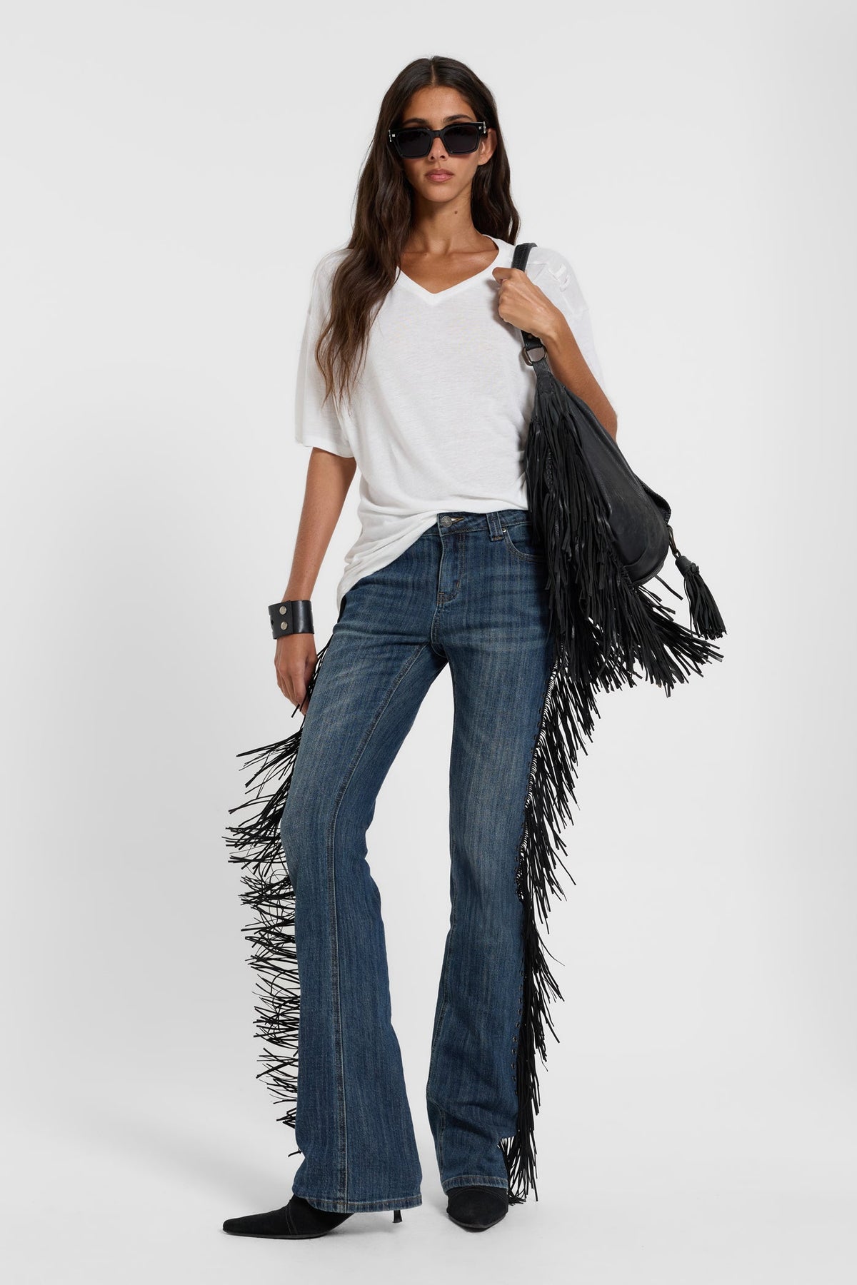 Sierra fringe bootcut jeans, full-length front styling